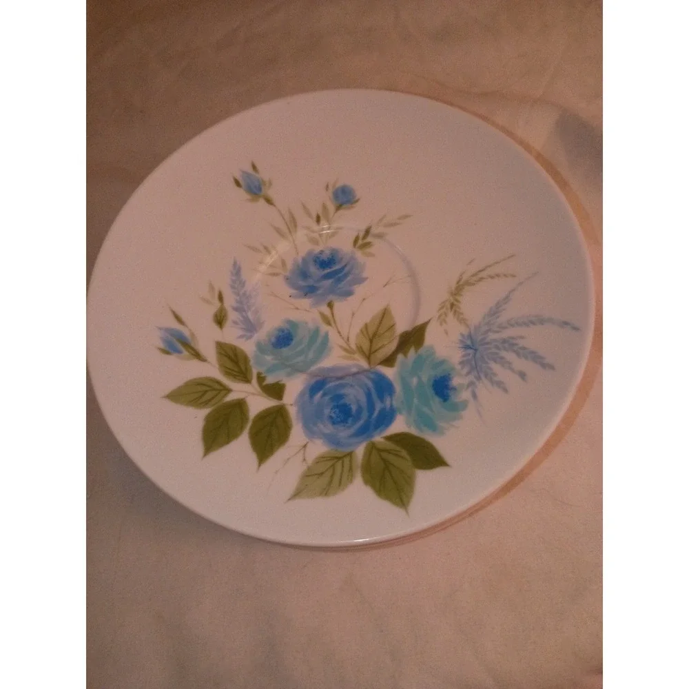 Vintage Blue Rose Melamine Saucers Set of 6 Floral Mid Century Modern Plates